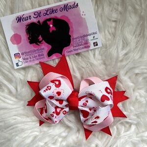 Boutique Wear It Like Mads Handmade Hearts Red Pink & White Clip on Hair Bow